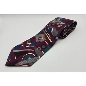 Clubfellow Necktie Men Long Burgundy Silk Abstract Geometric 90s Retro Wide